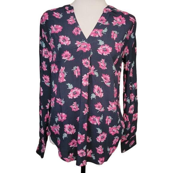 NWT Karissa & Me Navy Blue & Pink Floral‎ V-Neck Roll Tab Long Sleeve Blouse - M - Picture 1 of 8